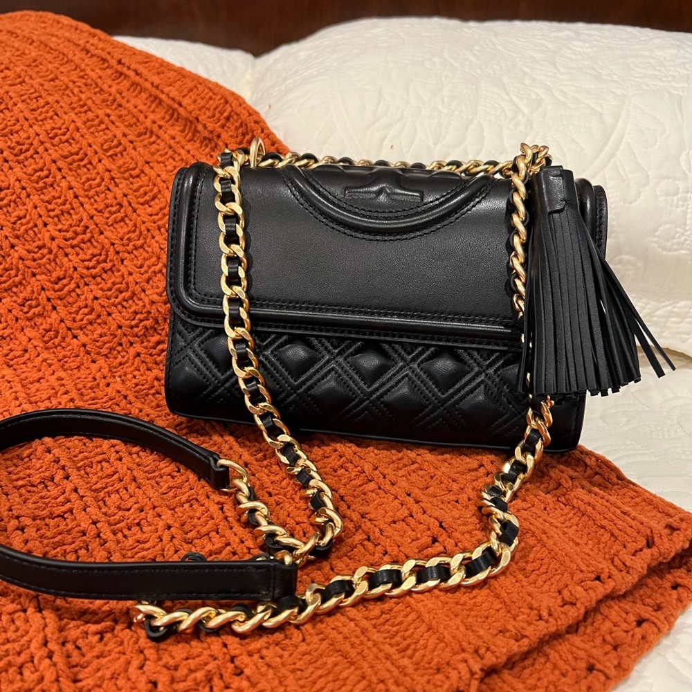 Tory Burch Black Quilted Crossbody Bag with Gold Chain